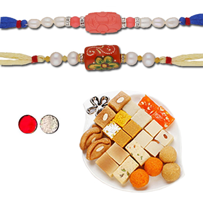 "COMBO OF 2 PEARL RAKHI - JPJUL-22-05CMB, 500gms of Assorted sweets - Click here to View more details about this Product